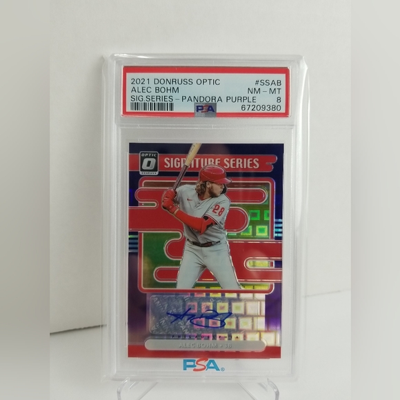 2021 Alec Bohm RC Donruss Optic Signature Series Pandora Purple 1/8 -PSA 8 NM-MT - Picture 1 of 3